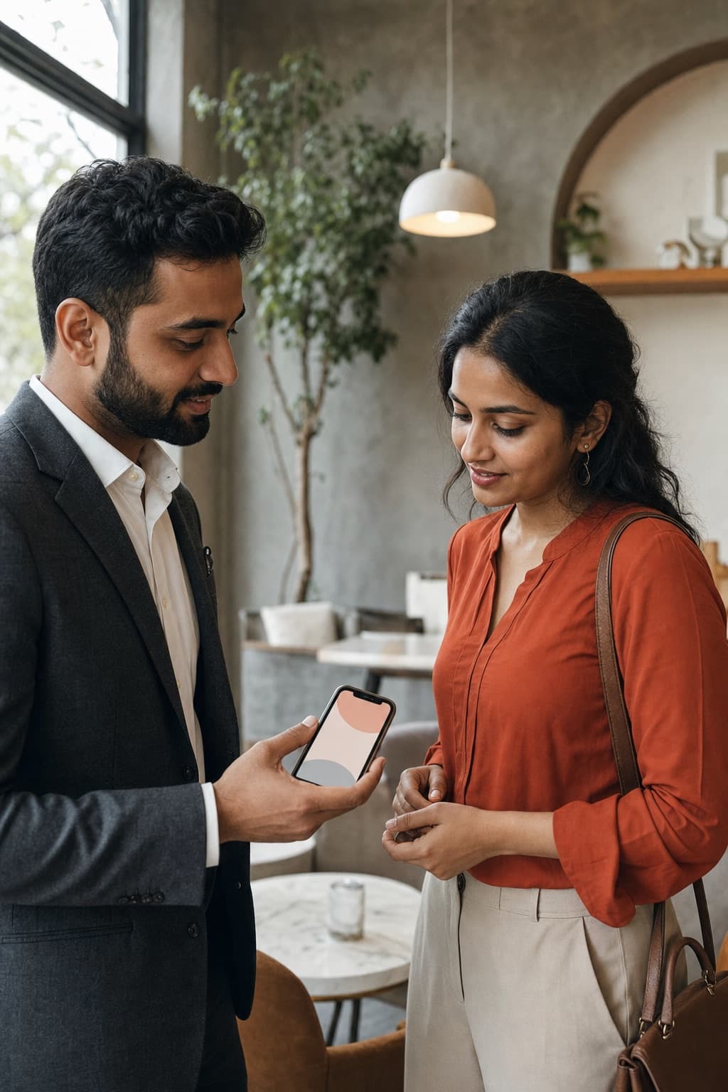 Two professionals sharing digital contact details from a smartphone
